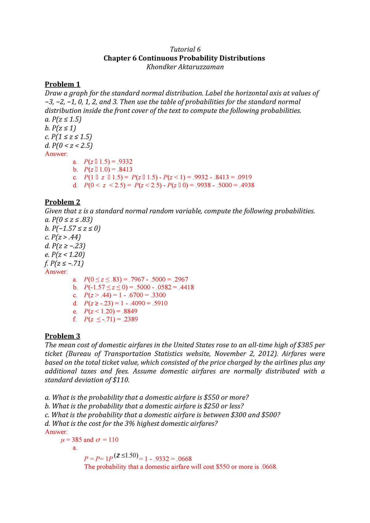 Tutorial 6 Solution - Answer - Tutorial 6 Chapter 6 Continuous ...