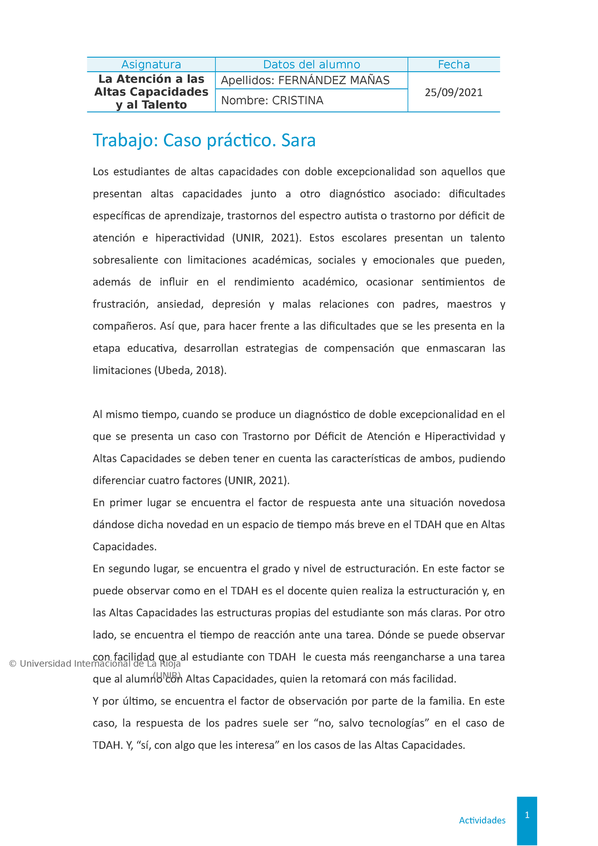 Caso PrÁ Ctico SofÍa Asignatura Datos Del Alumno Fecha La Atención A Las Altas Capacidades Y 3284