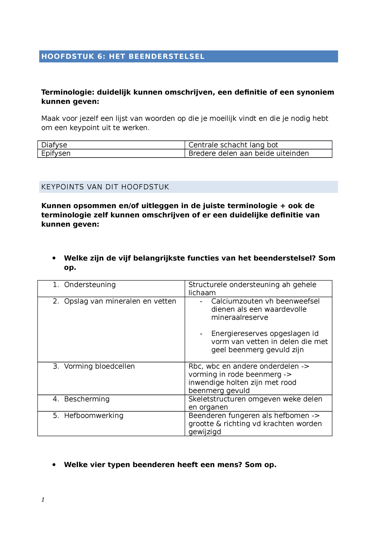 2122 06 Key Points Het Beenderstelsel Hoofdstuk 6 Het Beenderstelsel Terminologie Duidelijk 