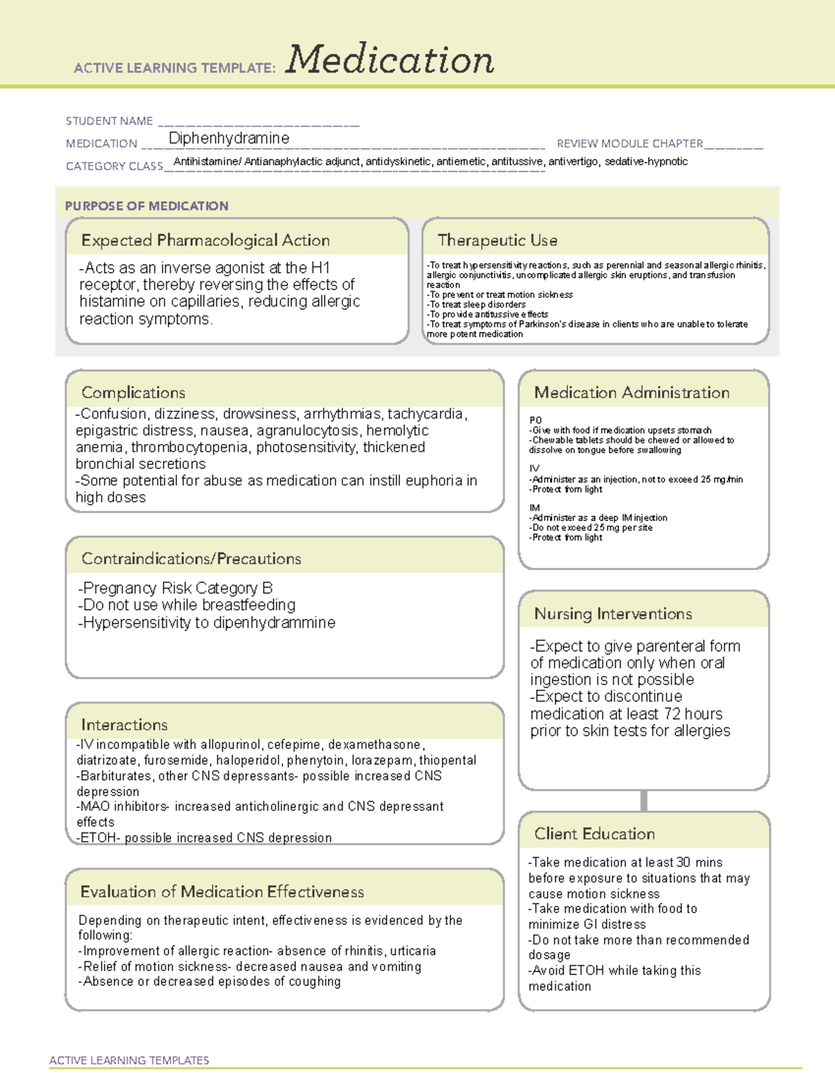 Diphenhydramine wk 2 ACTIVE LEARNING TEMPLATES Medication STUDENT