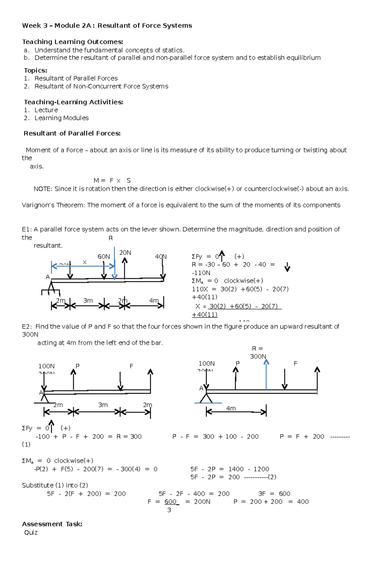 Module 2a -Mech 1 - I. Principles Of Statics II. Resultants Of Force ...