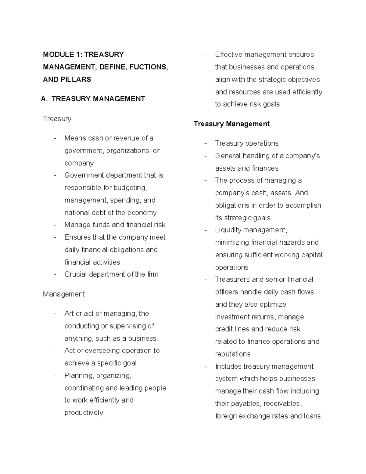 Chapter 1 TM Notes - tackles about the introduction to treasury ...