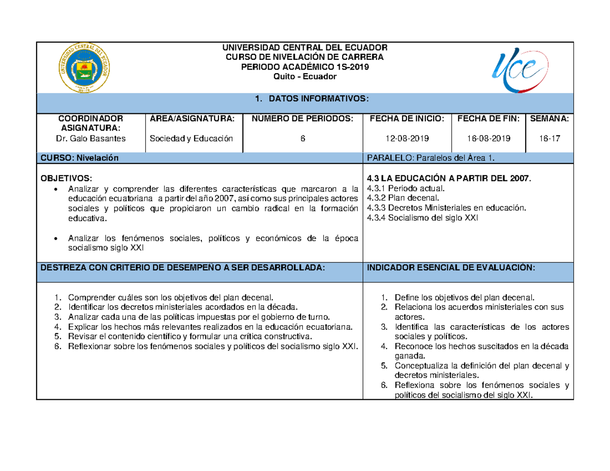 PLAN DE Clase EducacióN A Partir DEL 2007 - UNIVERSIDAD CENTRAL DEL ...