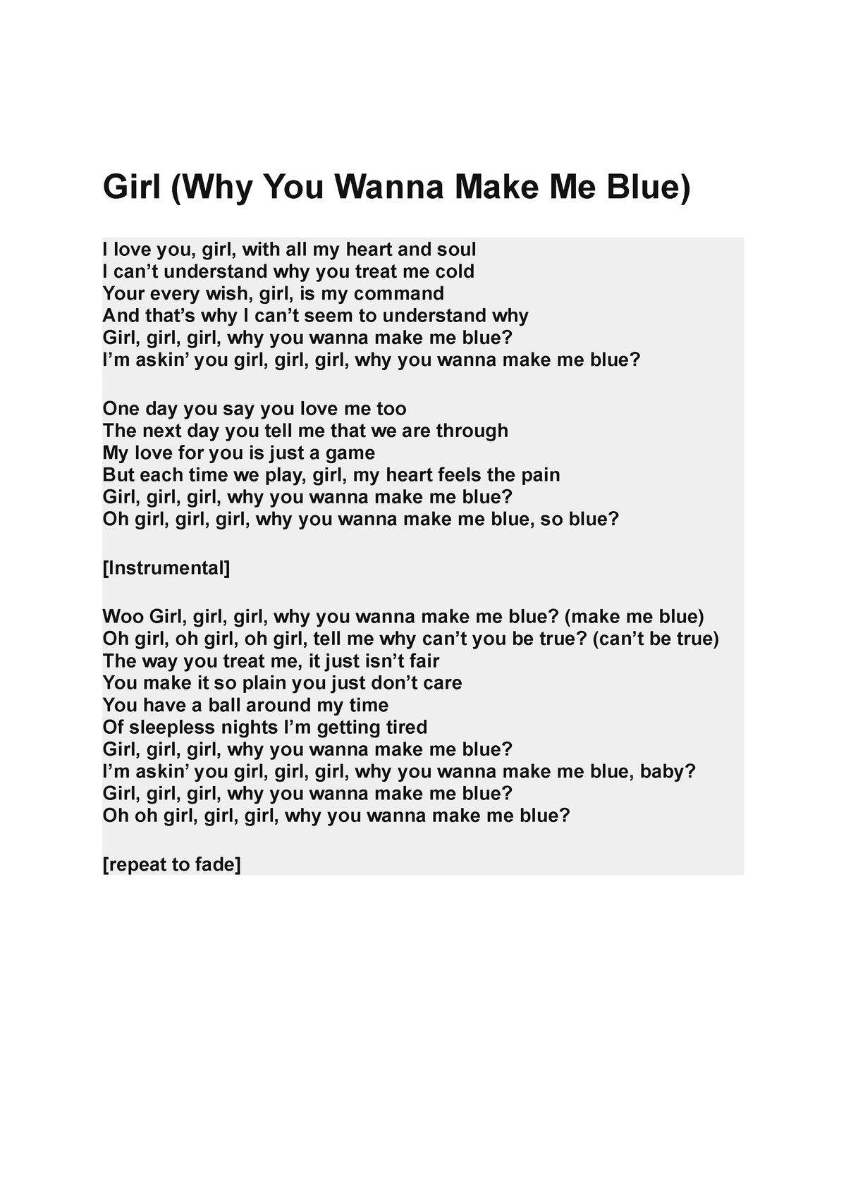 Girl (Why You Wanna Make Me Blue) Sing - Girl (Why You Wanna Make Me ...