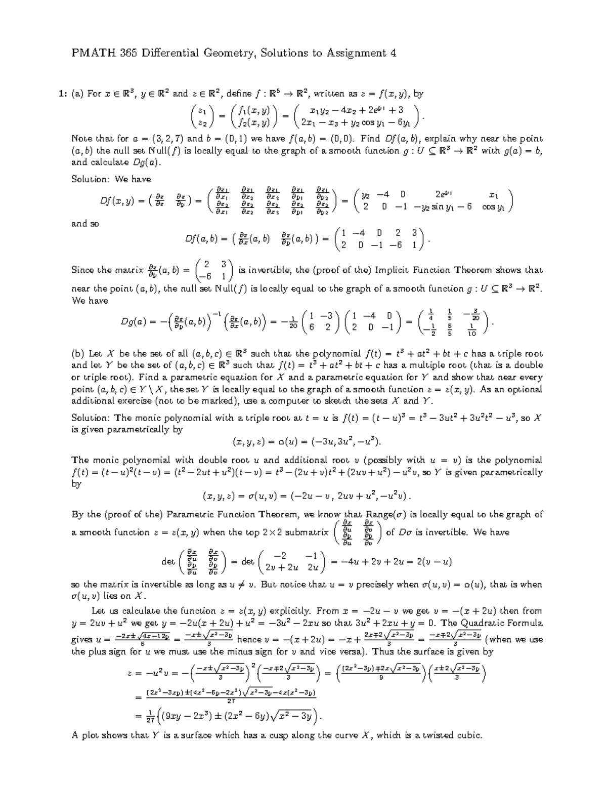 Assig 4soln PMATH 365 Differential Geometry, Solutions to Assignment