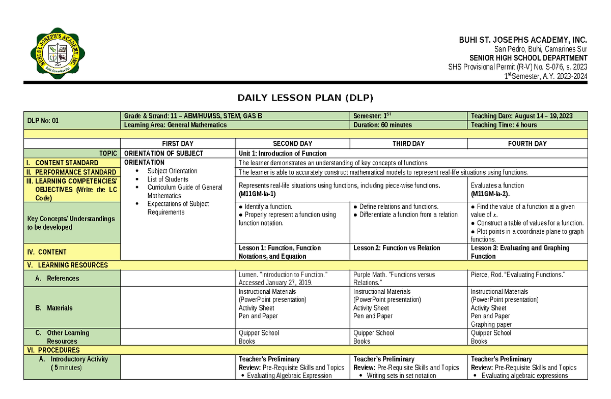 1 Daily Lesson PLAN - genmath - BUHI ST. JOSEPHS ACADEMY, INC. San ...
