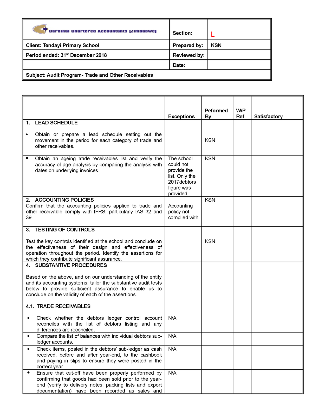 Trade and other receivables- Audit program - Section: L Client: Tendayi ...