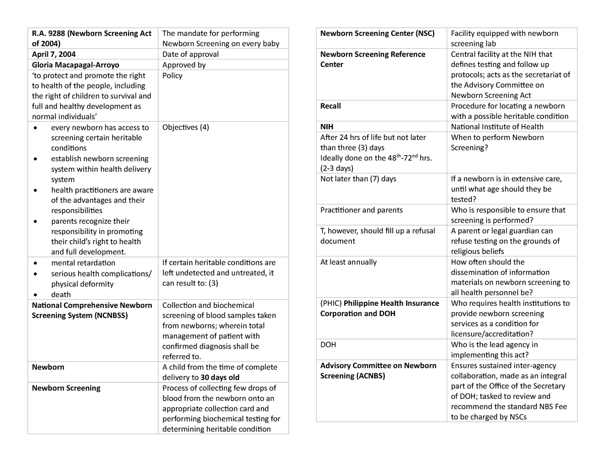 MT LAWS (newborn screening act) - R. 9288 (Newborn Screening Act of ...