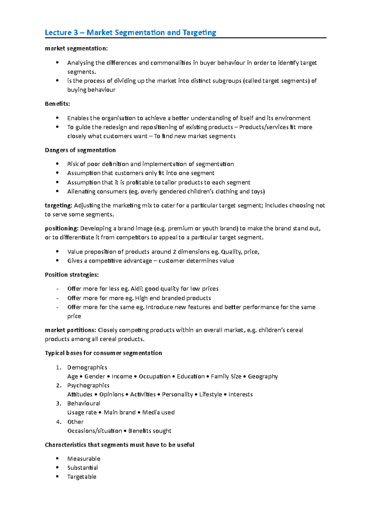 Lecture 3 Notes - Segmentation and Targeting - Lecture 3 – Market ...