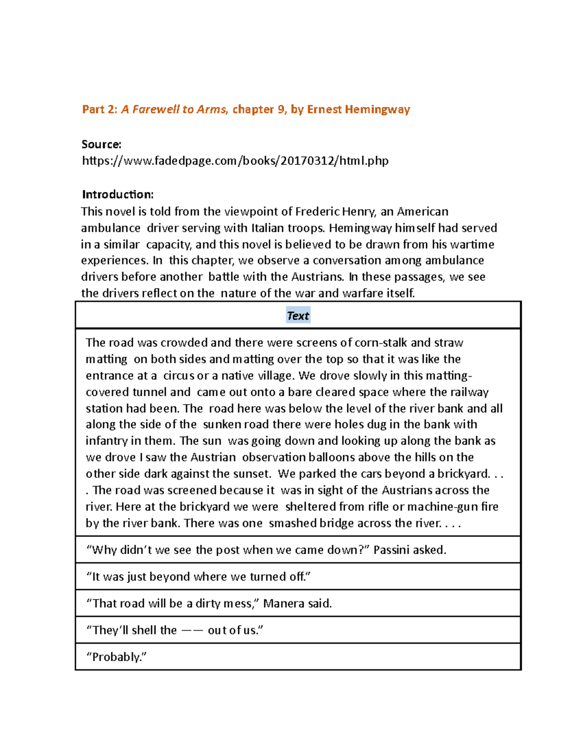 The work of Ernest Hemingway part 2 Part 2 A Farewell to Arms