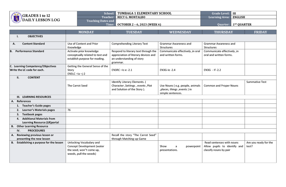 DLL English 3 Q1 W6 - dll - GRADES 1 to 12 DAILY LESSON LOG School ...