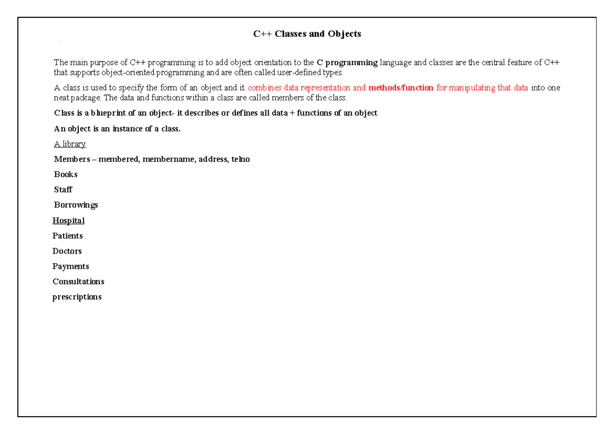 Lecture 7 - Classes and Objects - C++ Classes and Objects The main ...