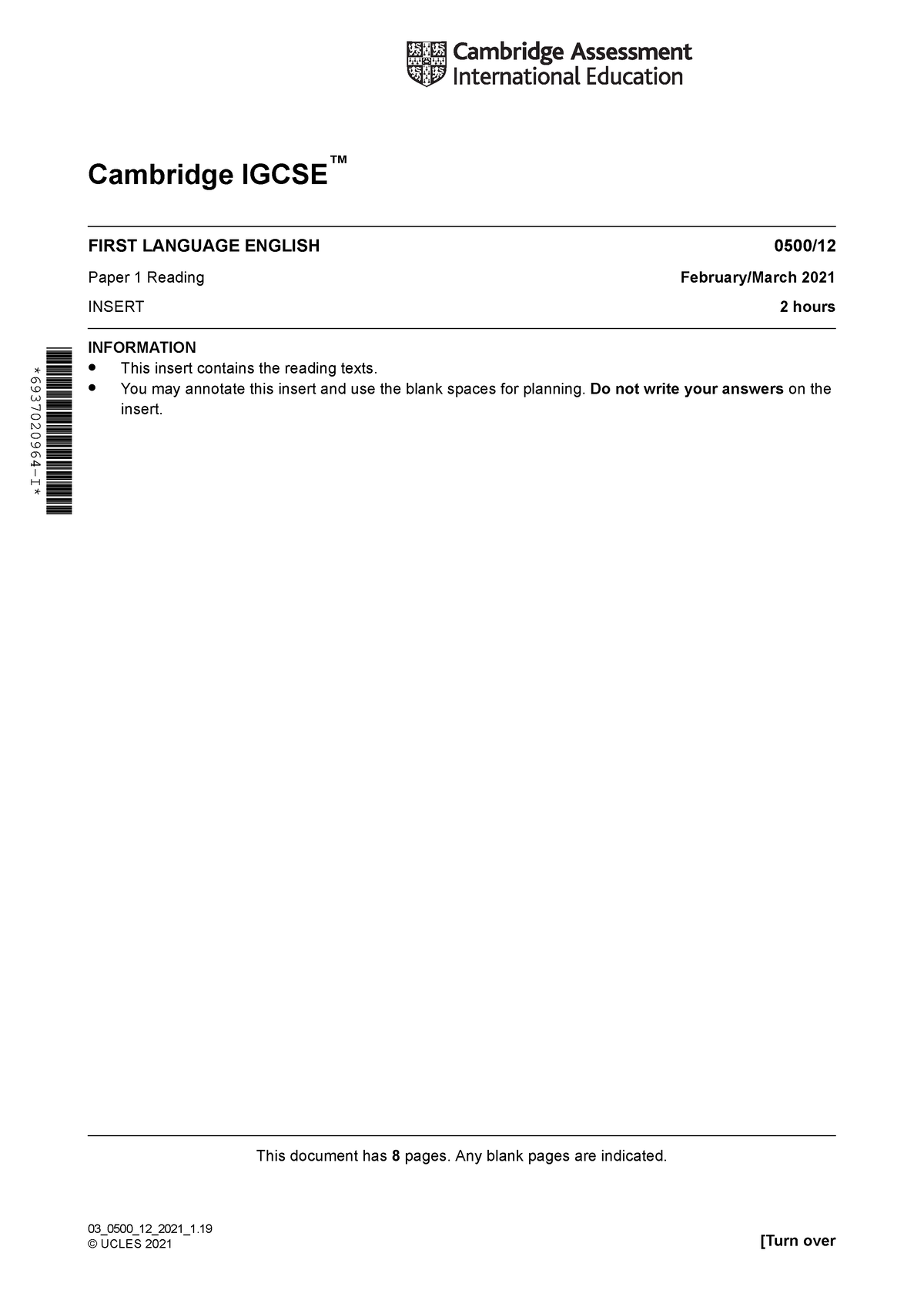 0500 M21 In 12 - Cambridge IGCSE ™ FIRST LANGUAGE ENGLISH 0500/ Paper 1 ...