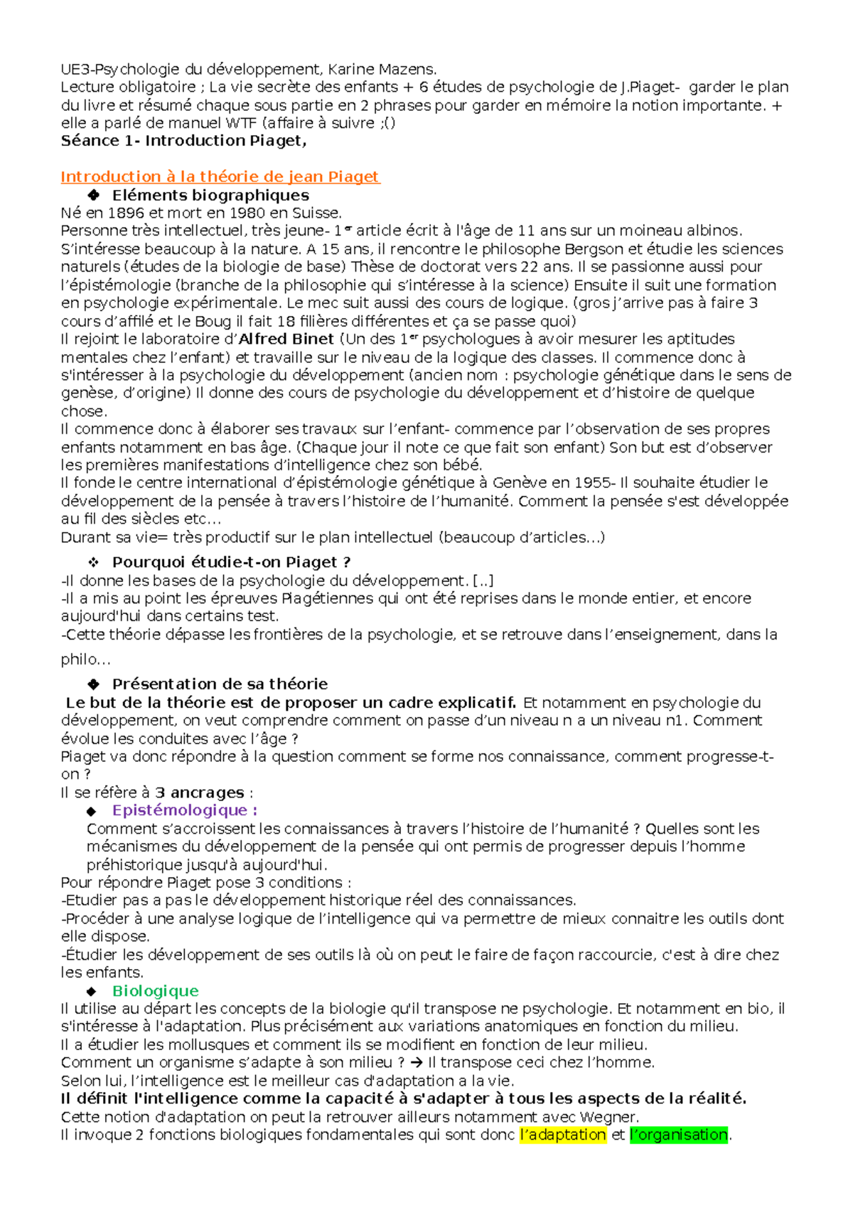CM1 - psycho du dev1- Introduction à la théorie Piagetienne - UE3 ...
