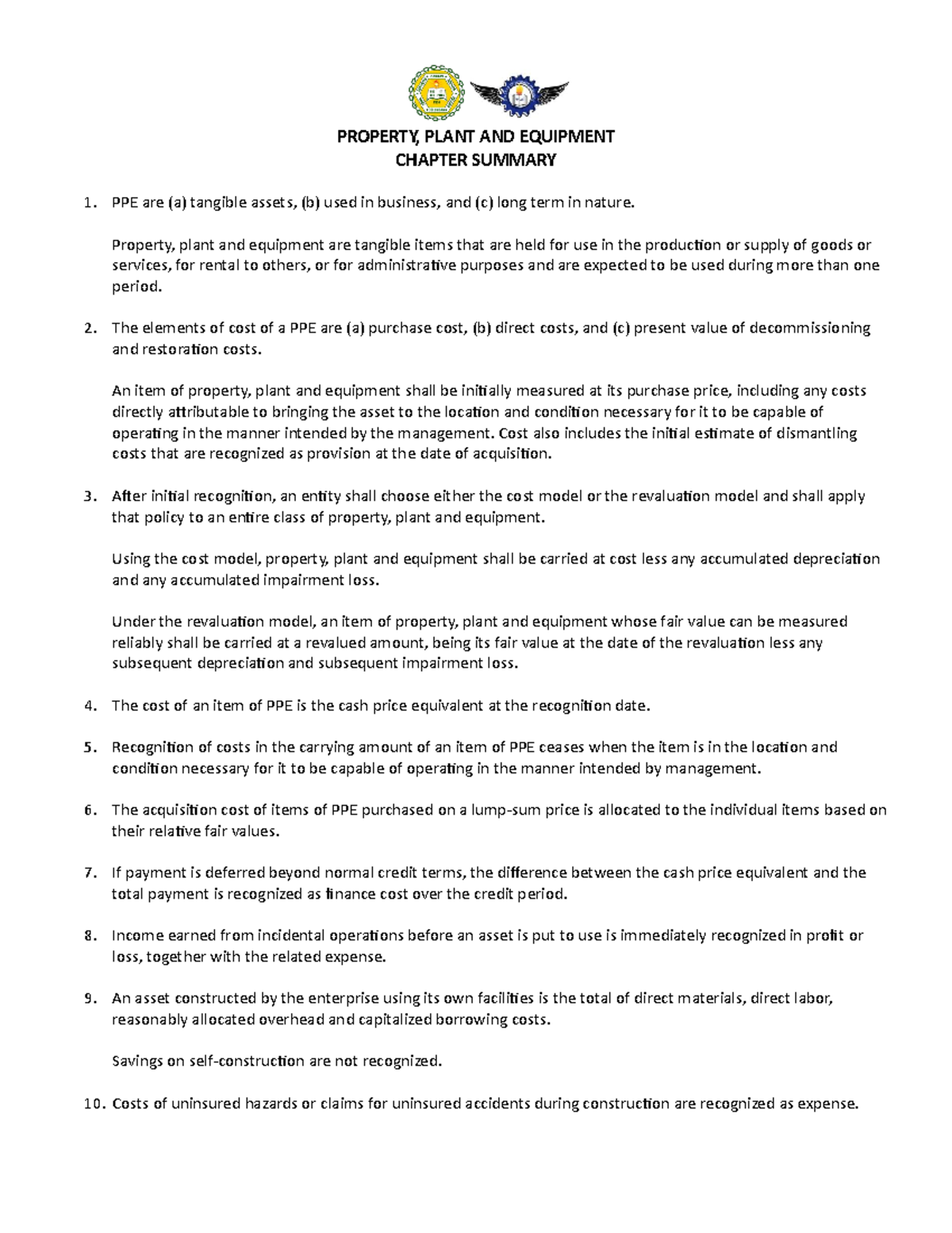 Chapter Summary 1 PPE PROPERTY PLANT AND EQUIPMENT CHAPTER SUMMARY 