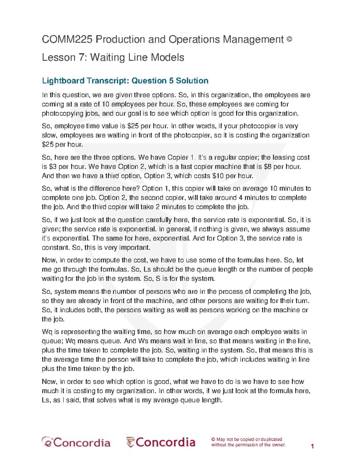 COMM225 L7 Question 5 Solution Transcript © May not be copied or