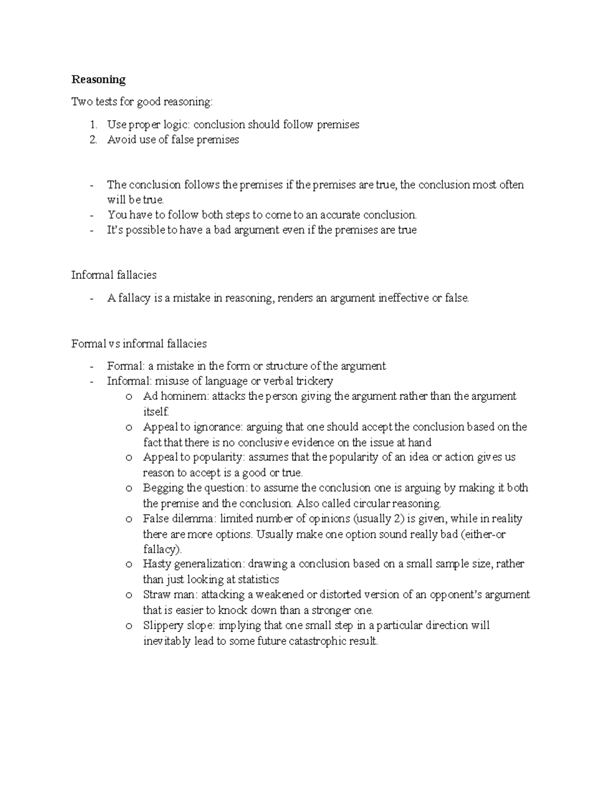 Philo 2 reasoning notes - Reasoning Two tests for good reasoning: Use ...