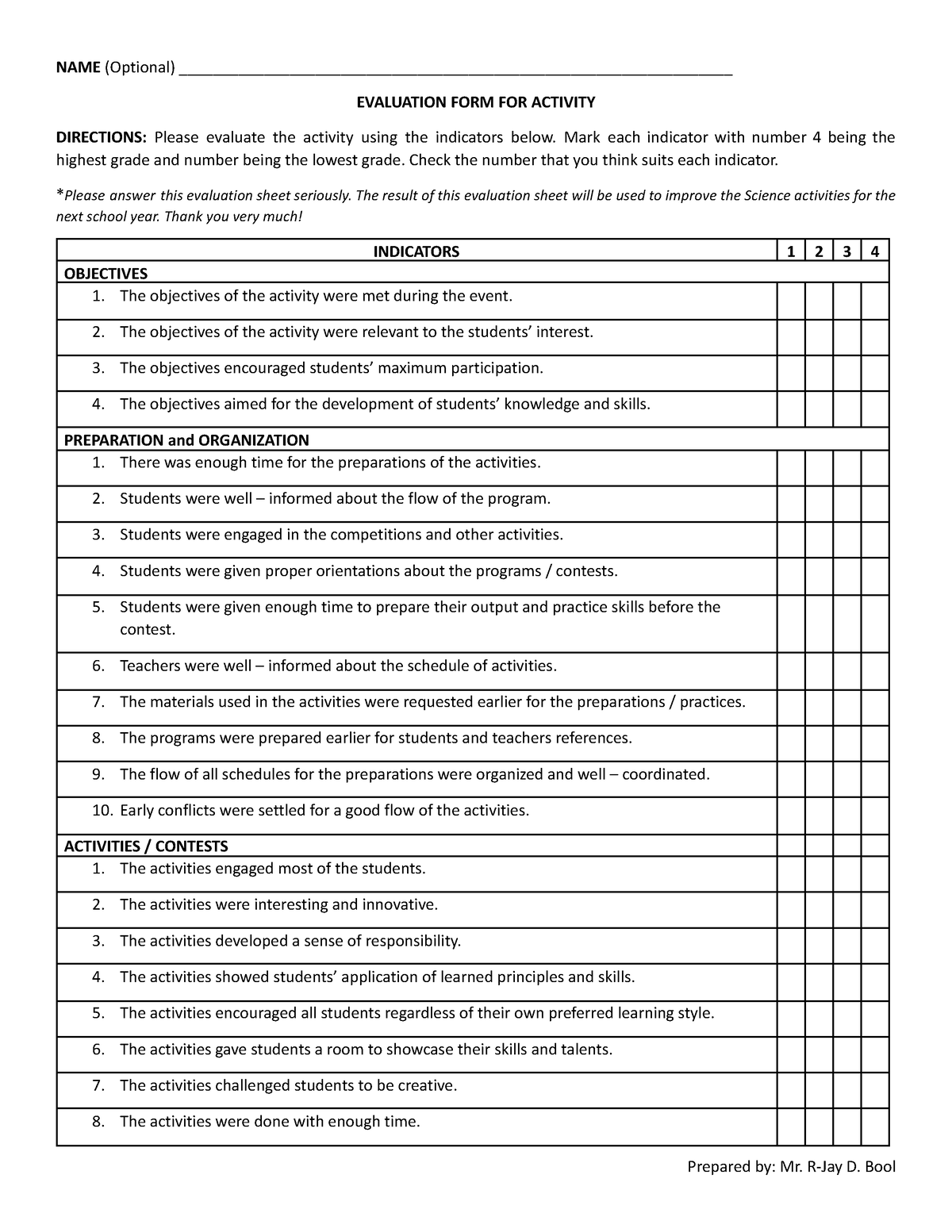 Activity Evaluation Tool - NAME (Optional) - Studocu