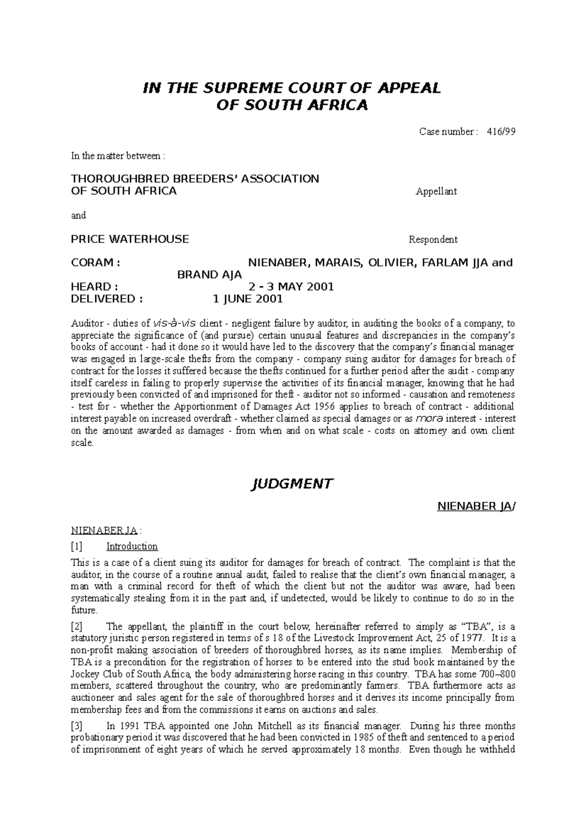 TBA case in JBEV - IN THE SUPREME COURT OF APPEAL OF SOUTH AFRICA Case ...