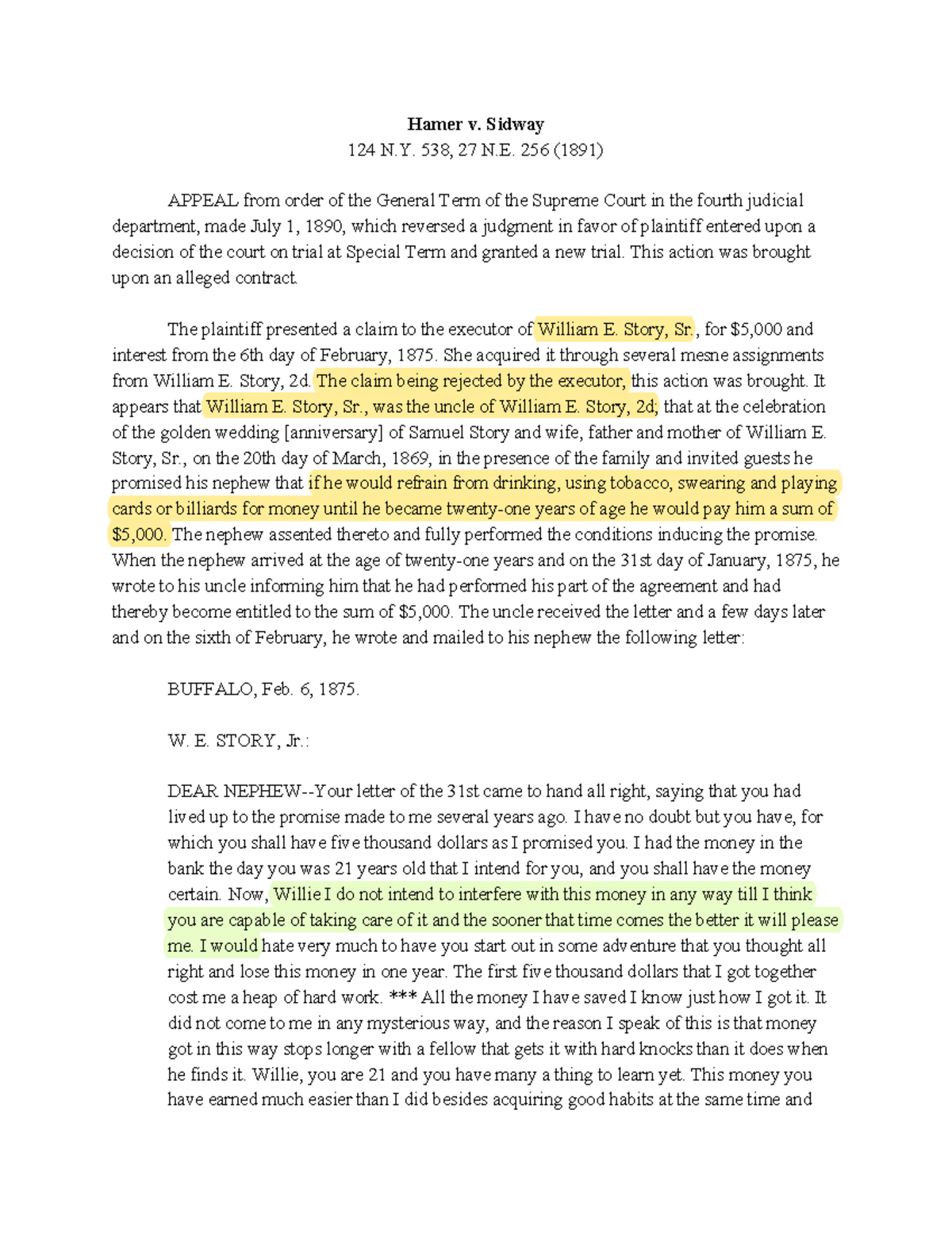 Hamer v. Sidway 3 case for contract law Hamer v. Sidway 124 N. 538