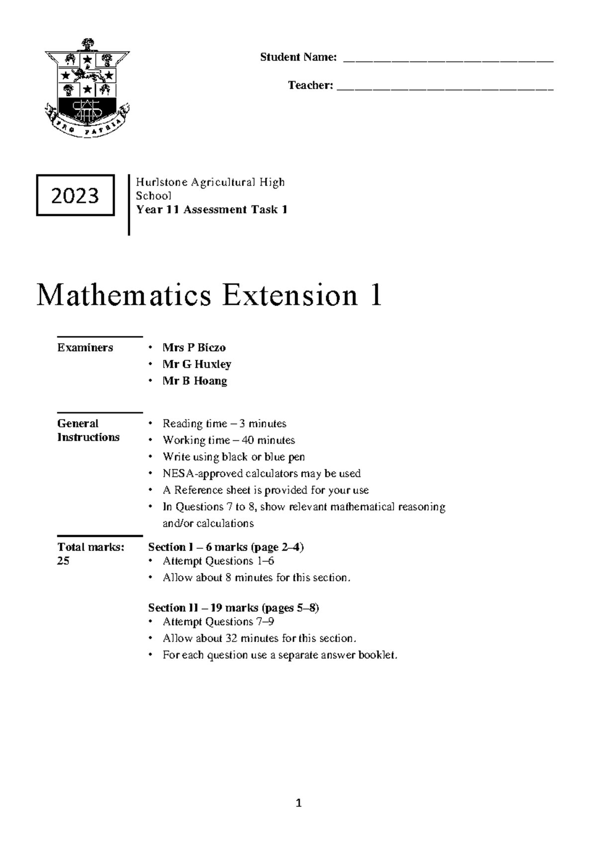 2023 11 X1 AT1 Question Booklet - Student Name ...