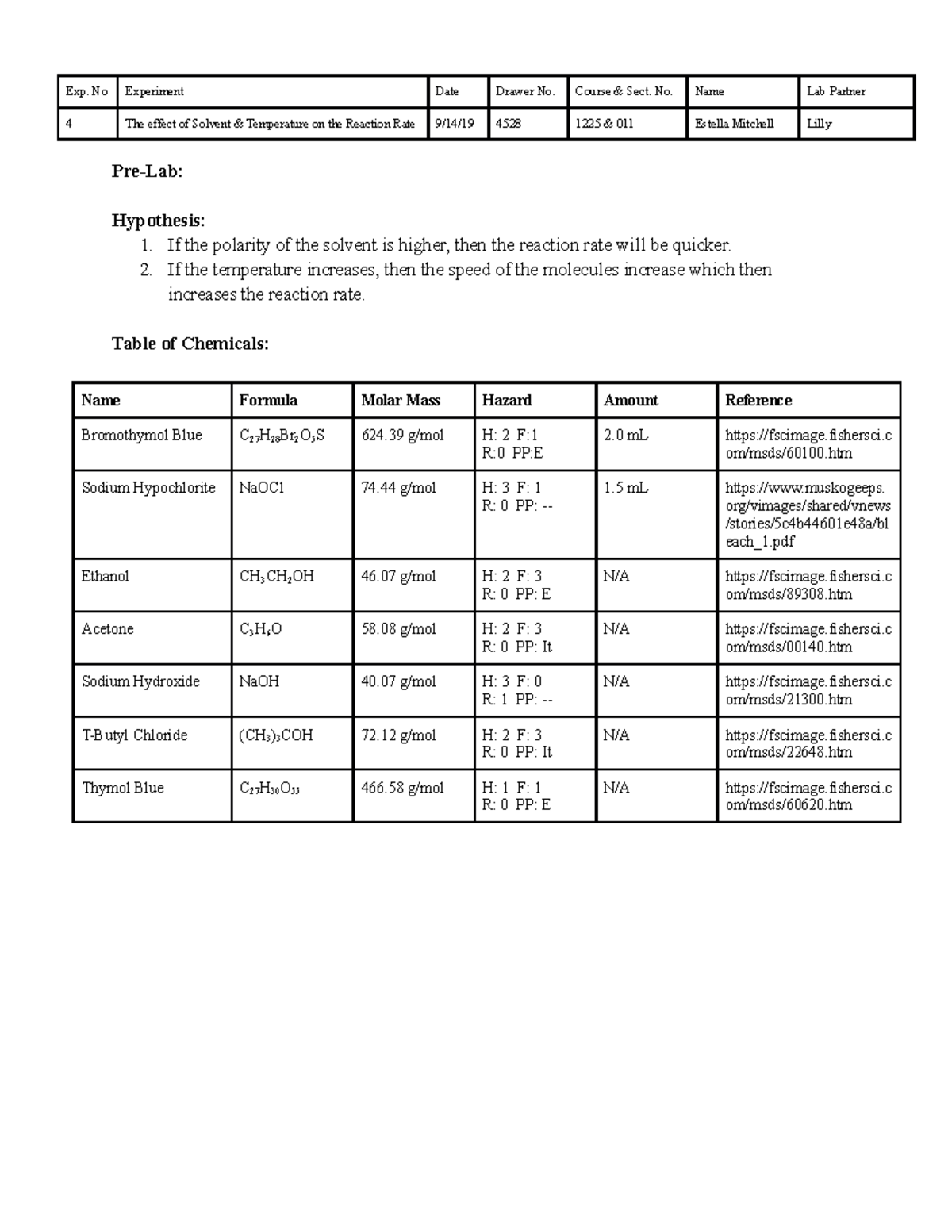 PreLab Exp. 4 General Chemistry II Lab PreLab assignment for exp. 4