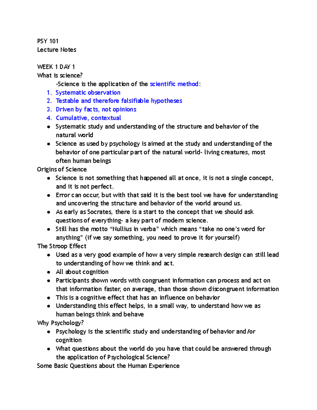 Psych 101 - Lecture Notes All - PSY 101 Lecture Notes WEEK 1 DAY 1 What ...