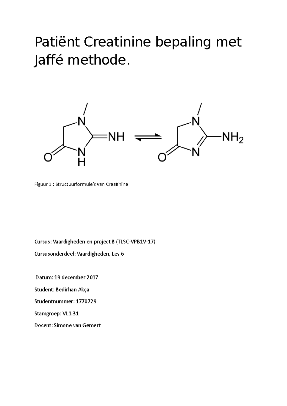 Patiënt Creatinine bepaling met Jaffé methode. Figuur 1