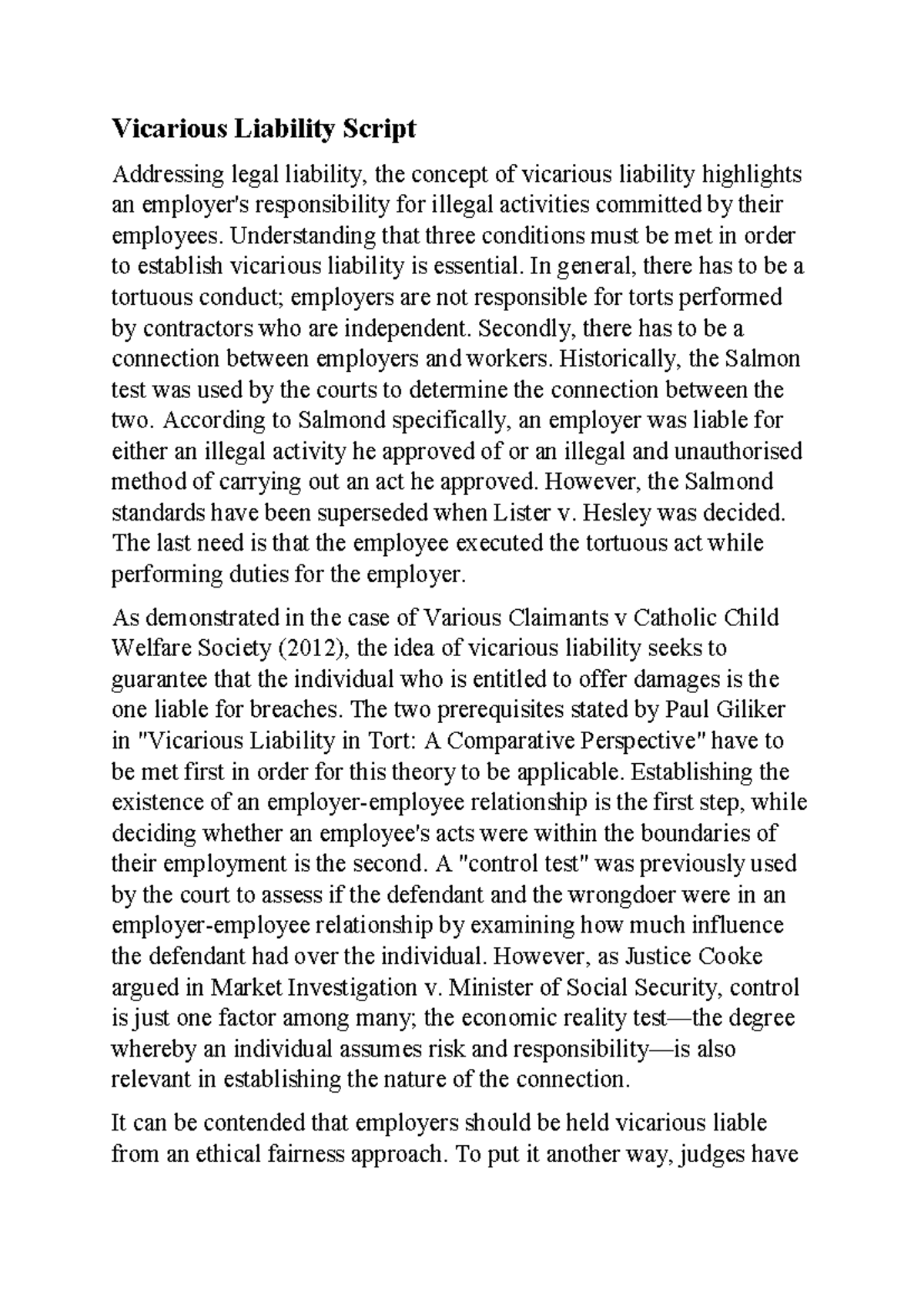 VL TORT LAW - VICARIOUS LIABILITY TORT LAW - Vicarious Liability Script ...