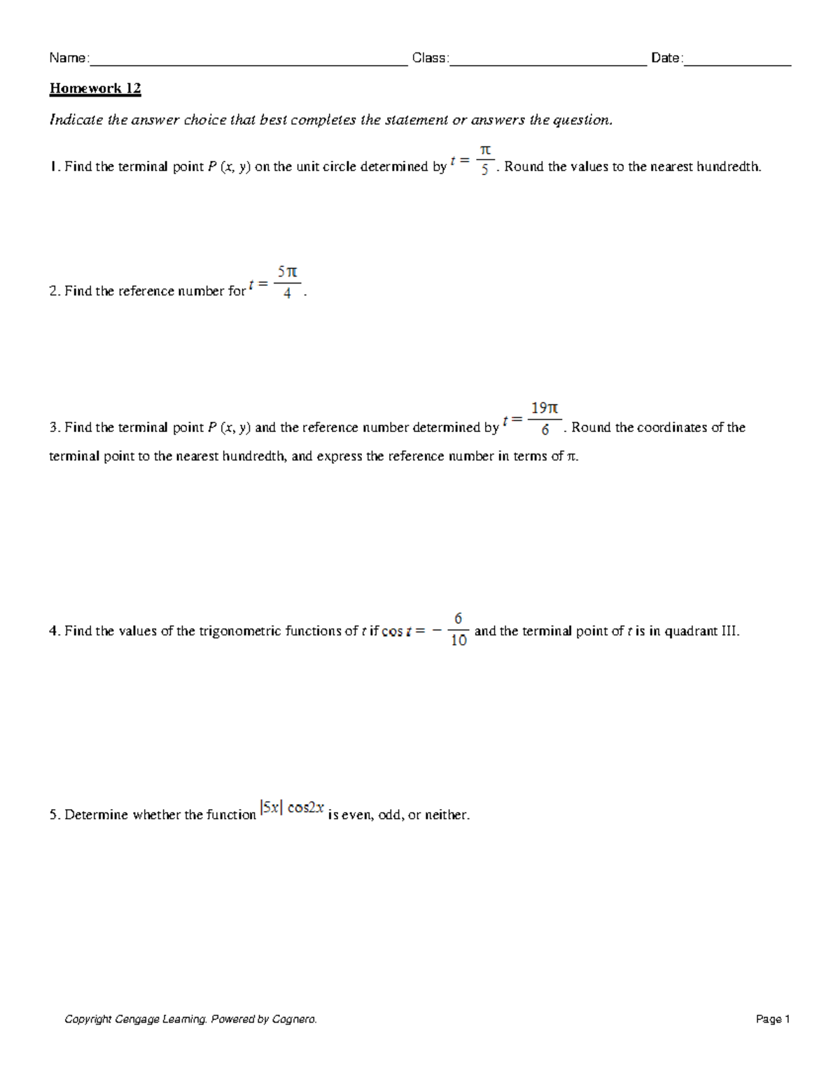 Homework 12 - math 140 coursework - Name: Class: Date: Homework 12 ...
