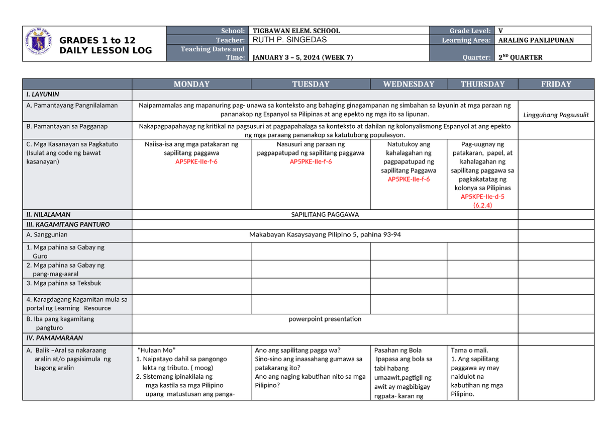 DLL Araling Panlipunan 5 Q2 W7 - GRADES 1 To 12 DAILY LESSON LOG School ...