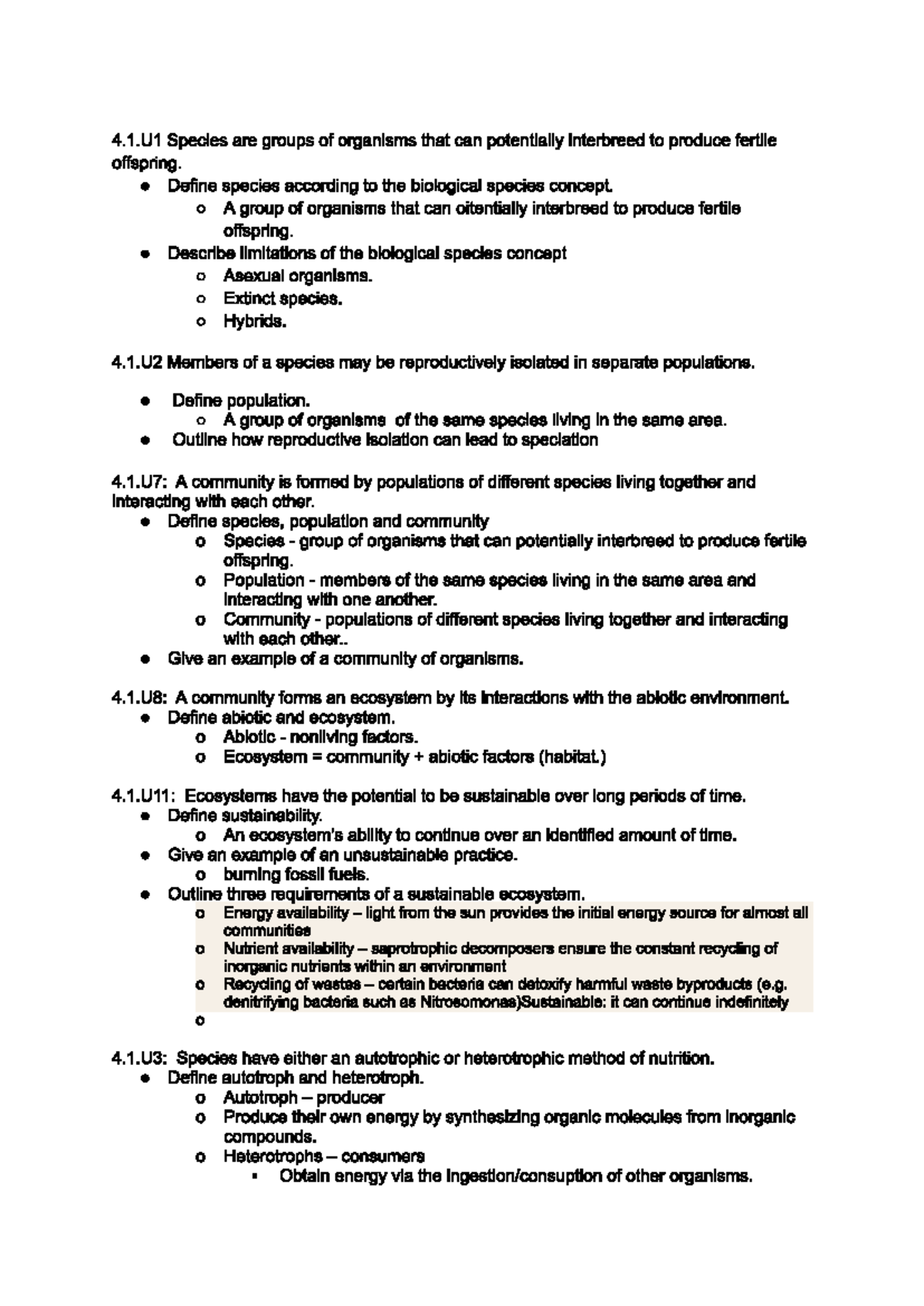 4.1 bio notes - Syllabus statements - 4.1 Species are groups of ...