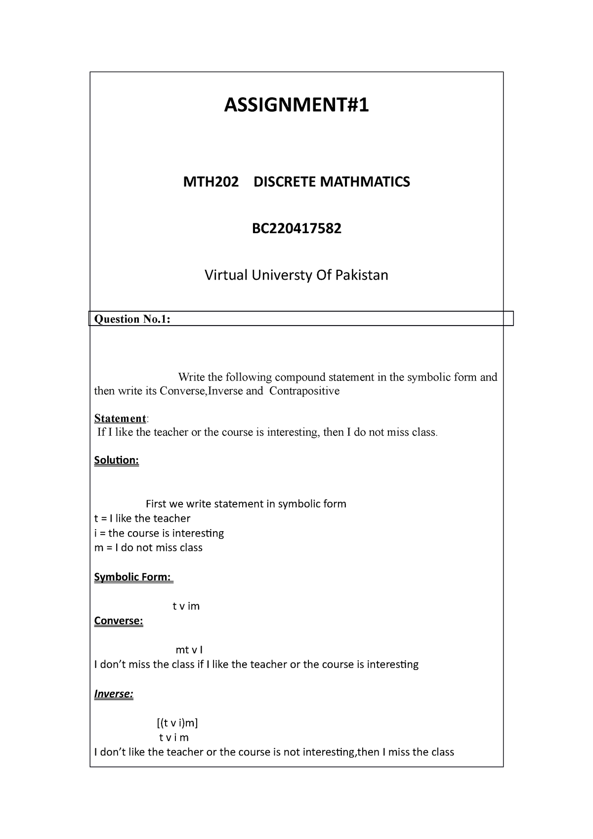 MTH 202 Discrete Mathmatics - ASSIGNMENT# MTH202 DISCRETE MATHMATICS BC ...