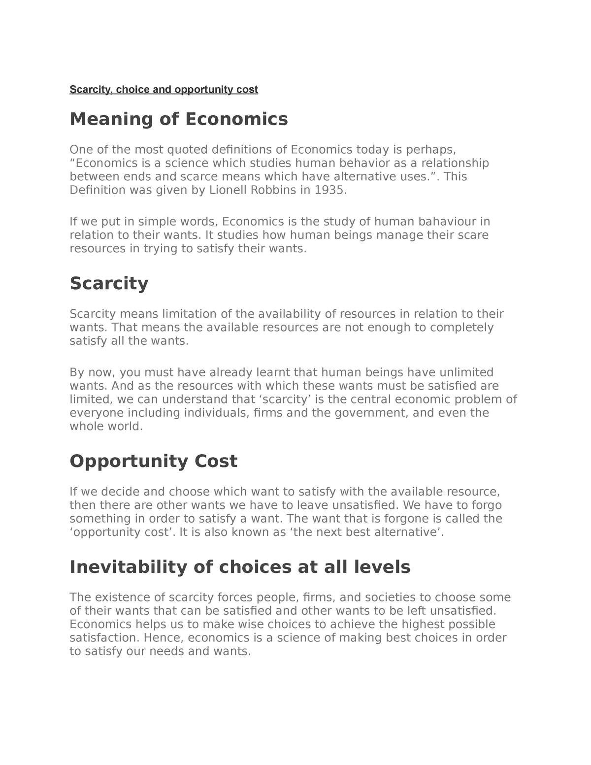 1 1 Scarcity Choice And Opportunity Cost Scarcity Choice And Opportunity Cost Meaning Of 