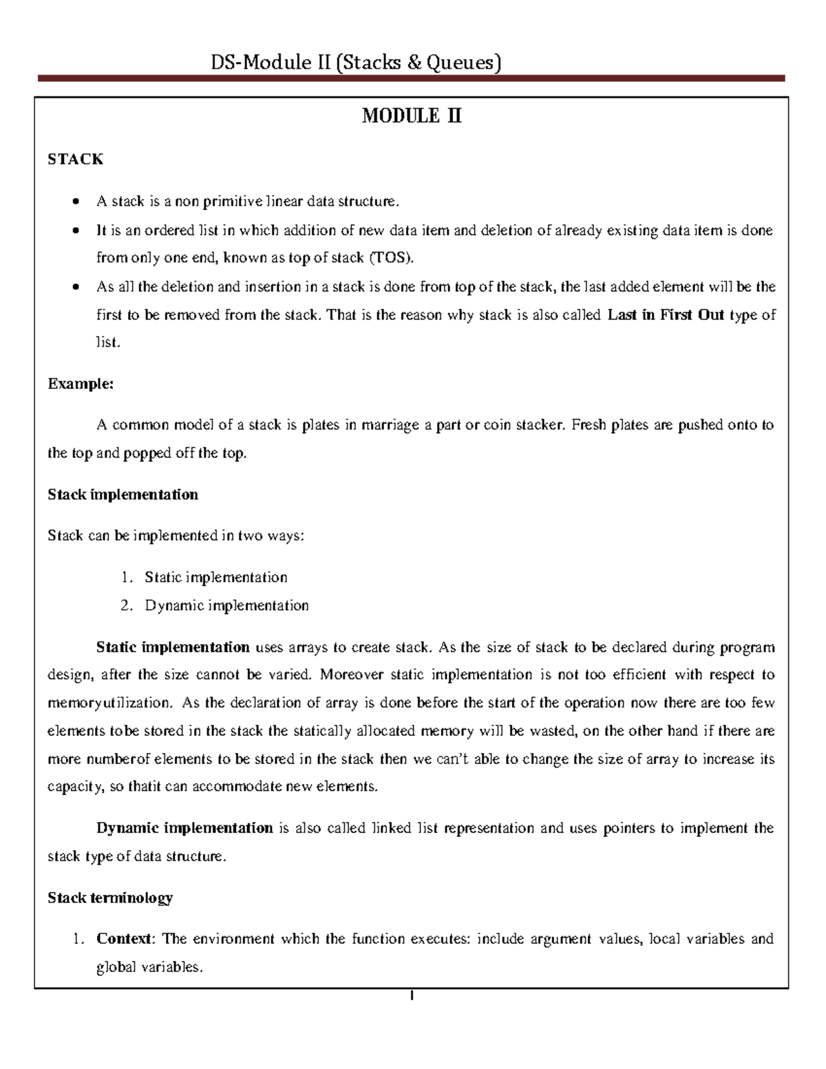 Module 2 - CPP note - MODULE II STACK A stack is a non primitive linear ...
