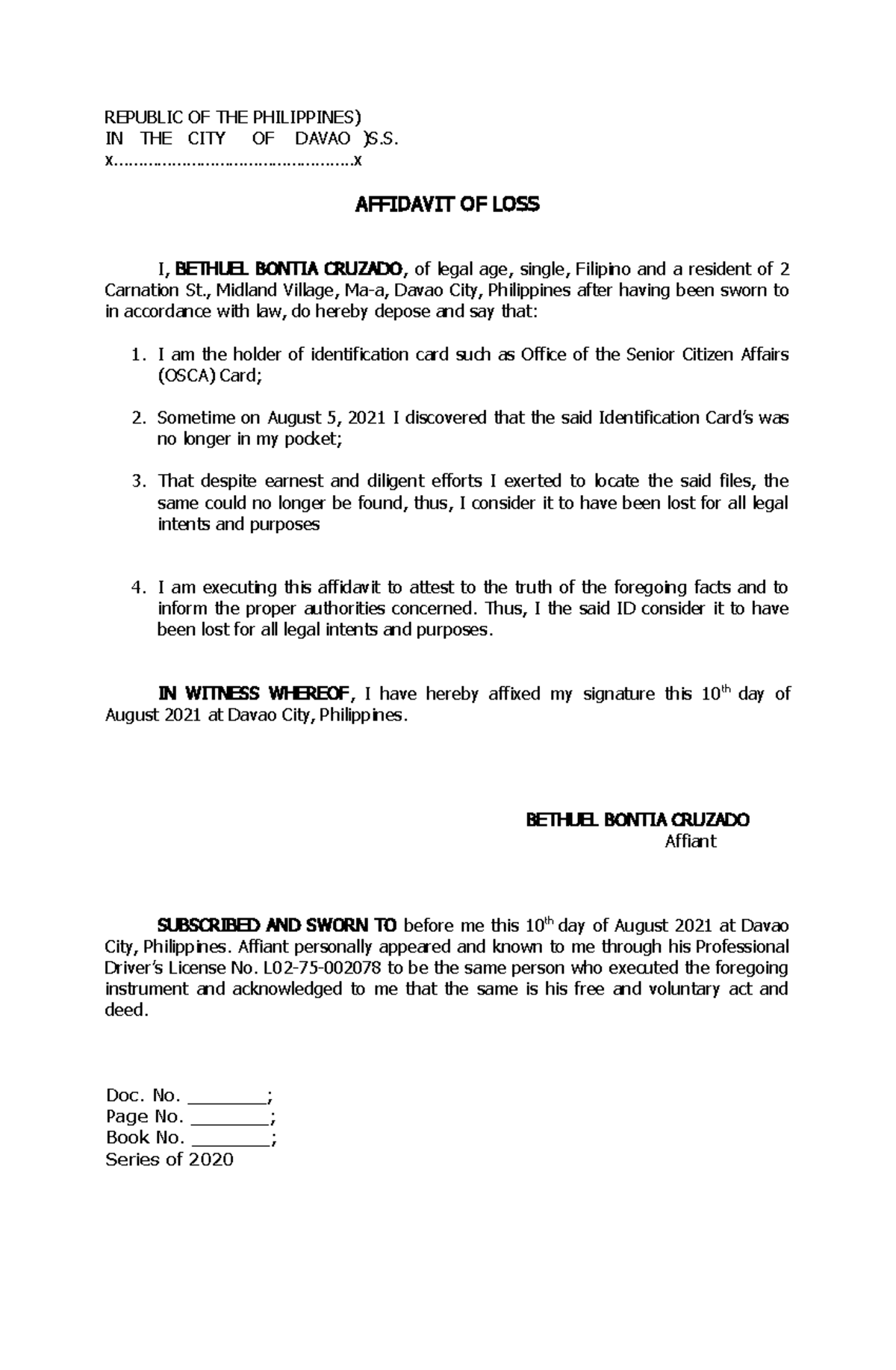 Affidavit OF LOSS- Manog - REPUBLIC OF THE PHILIPPINES) IN THE CITY OF ...