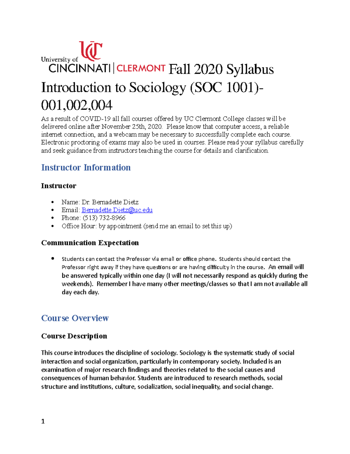 Syllabus Fall 2020 Syllabus Introduction To Sociology SOC 1001 001 