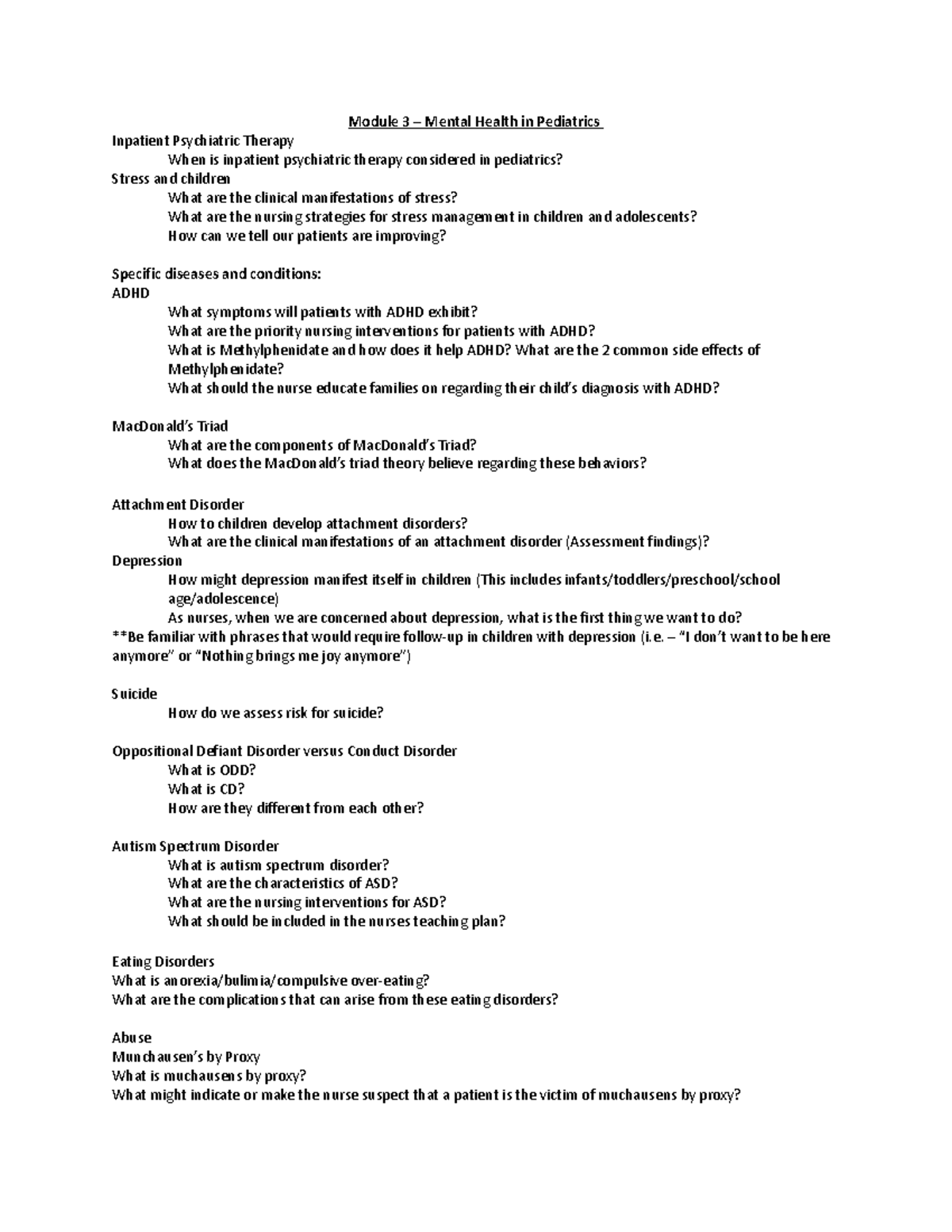Exam 2 Study Guide - Module 3 – Mental Health in Pediatrics Inpatient ...