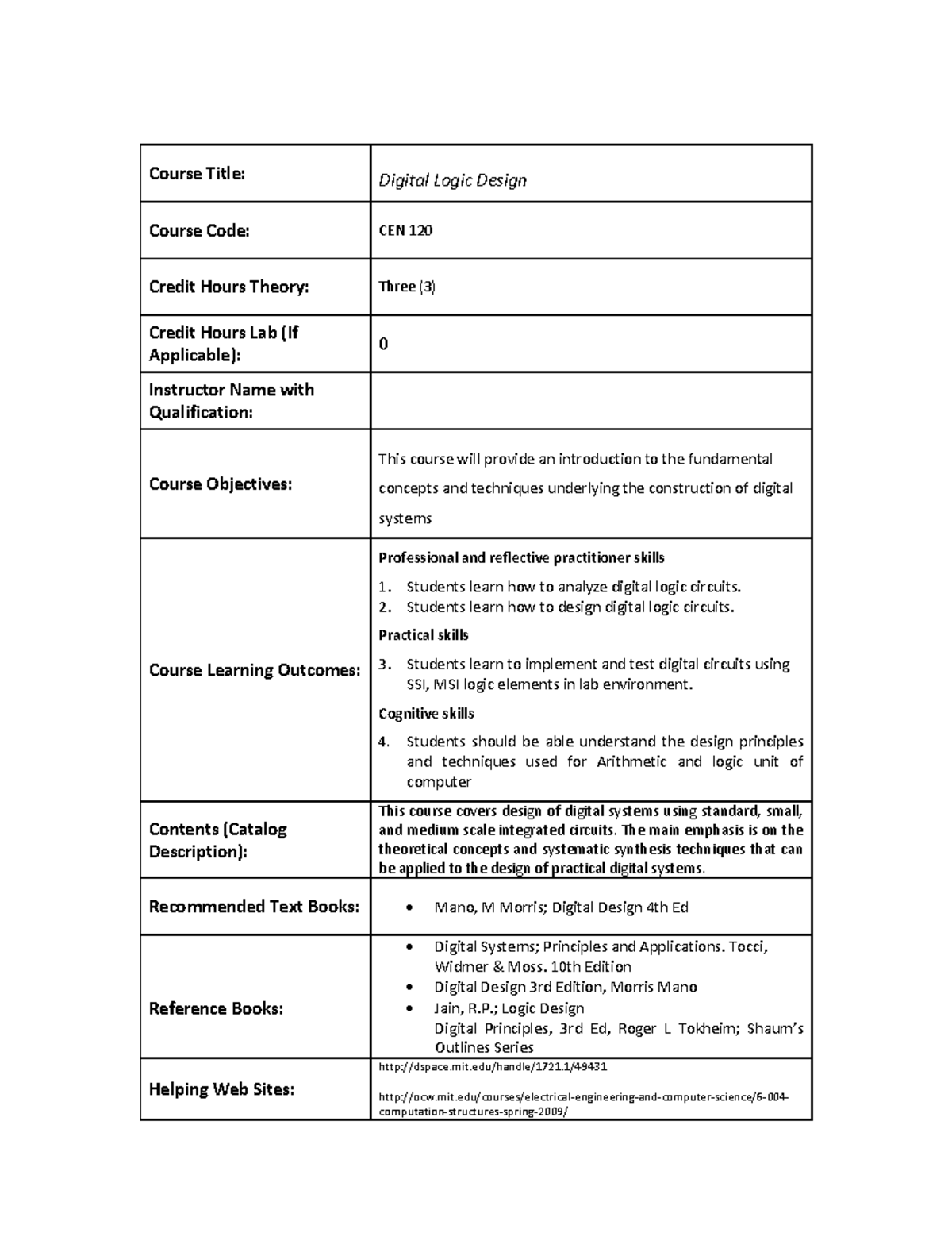 Course Outline Digital Logic Design Clos Studocu