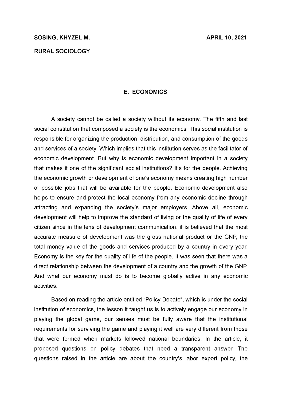 economics university essay