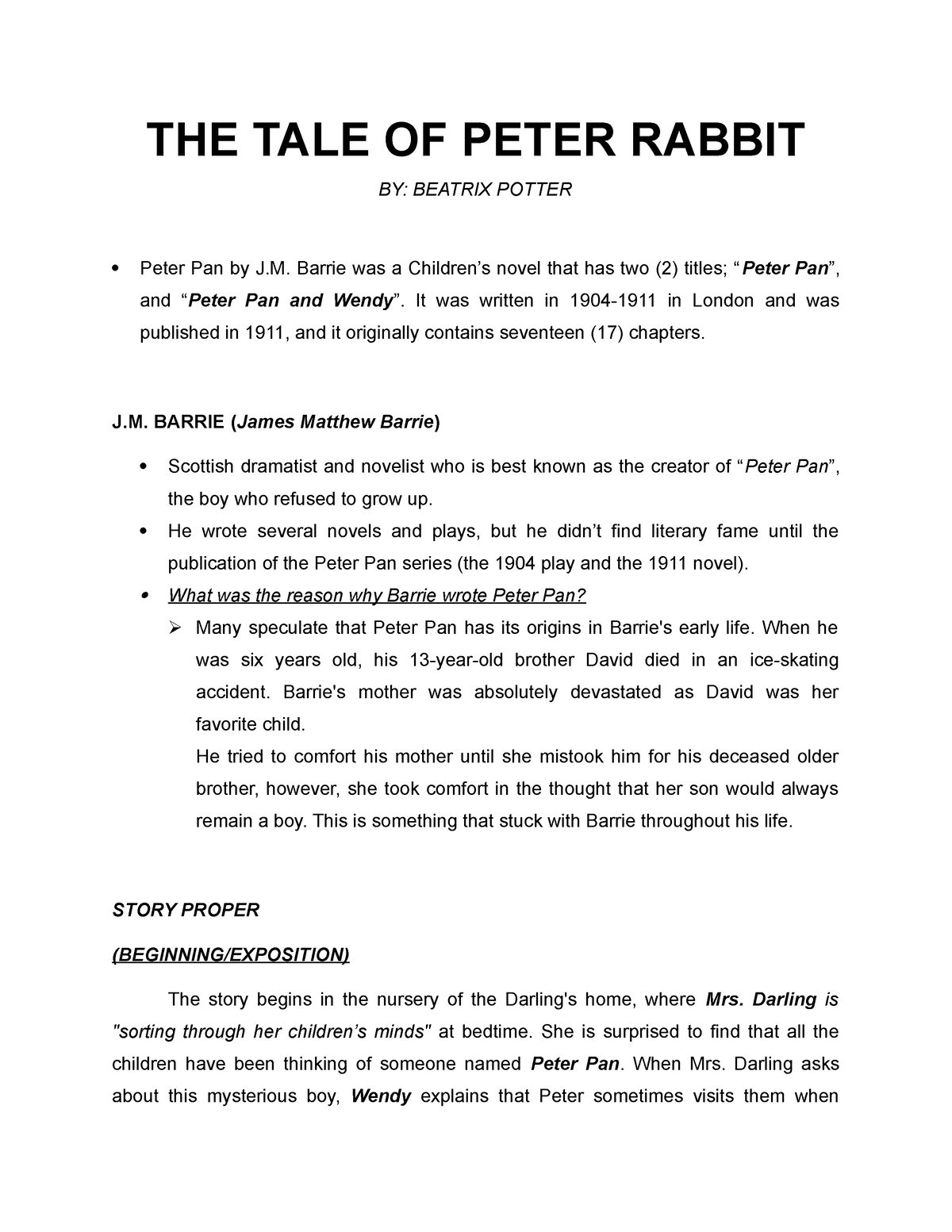 book report peter pan