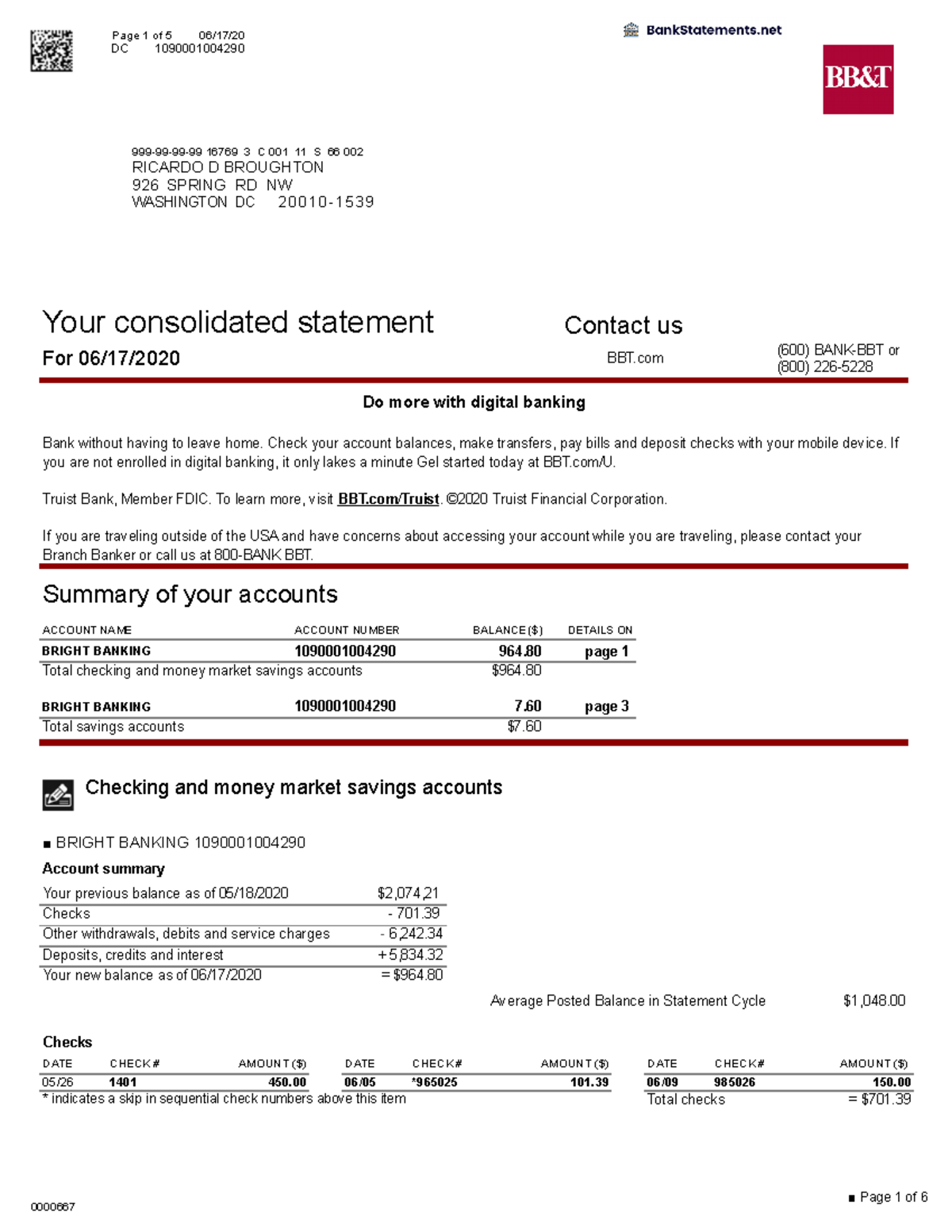 Bbt Bank Statement Bank Statements - 999-99-99-99 16769 3 C 001 11 S 66 