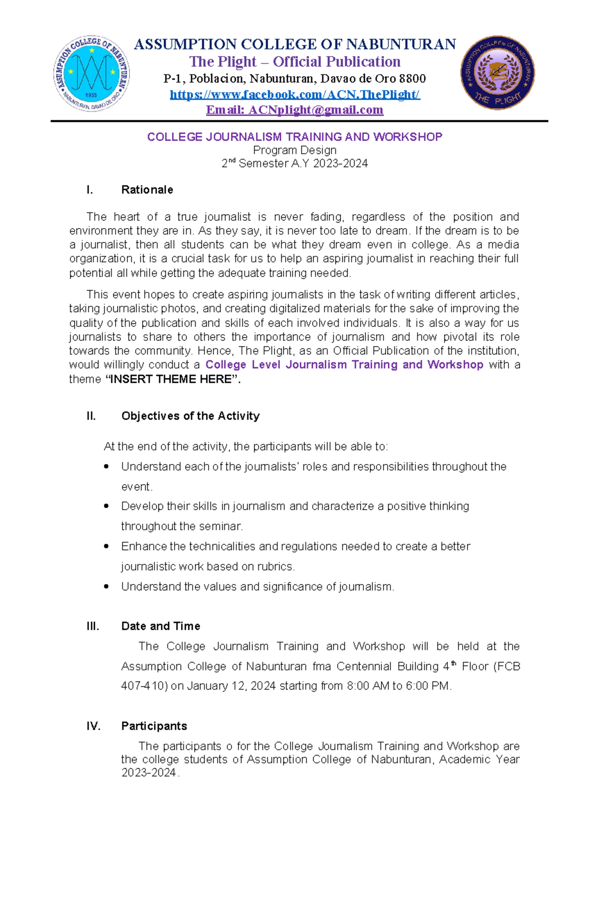 College Journalism Training AND Workshop - The Plight – Official ...
