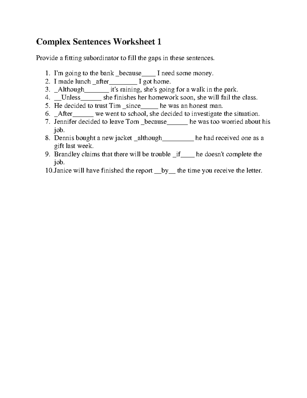 Complex Sentences cw Assignment Complex Sentences Worksheet 1