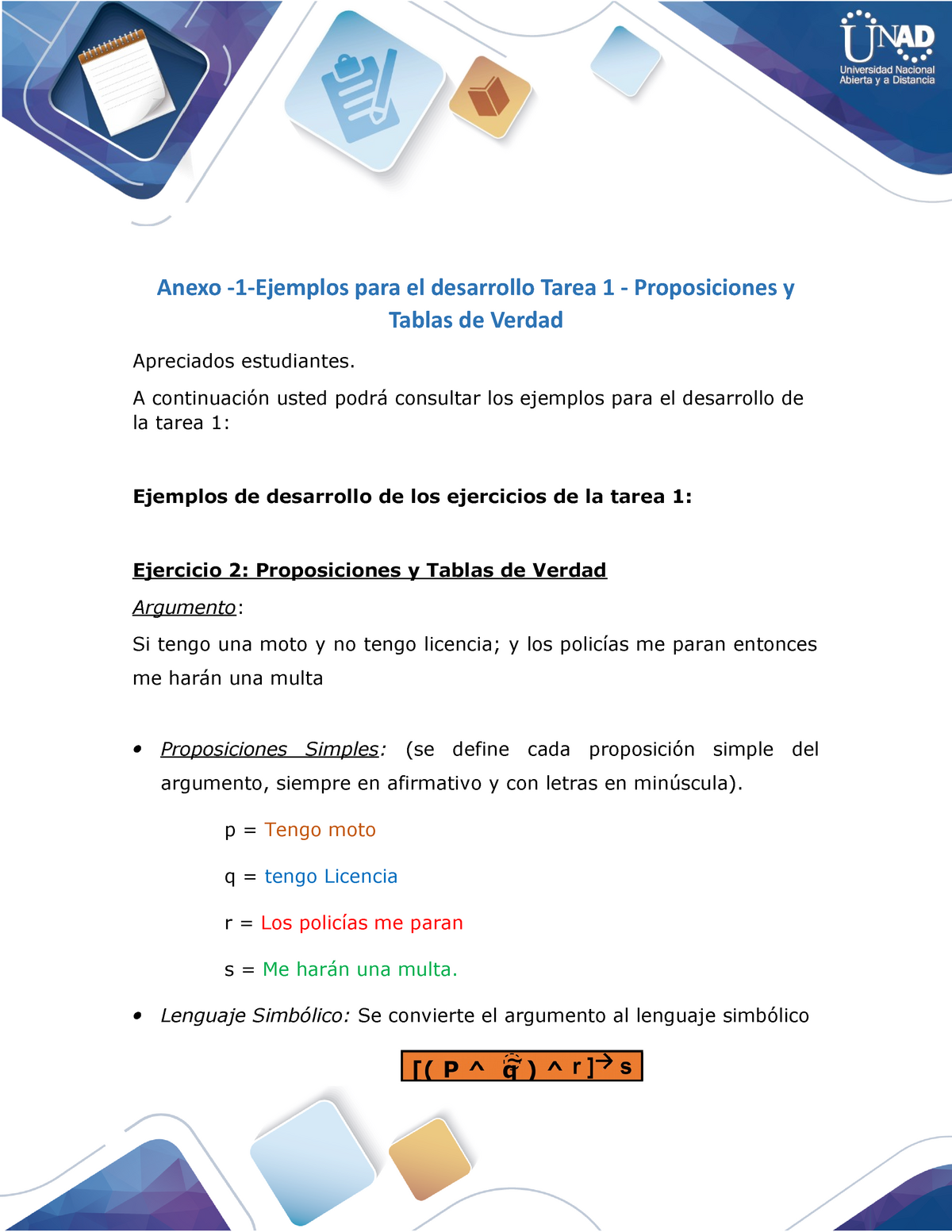 Anexo 1 Ejemplos Para El Desarrollo Tarea 1 Proposiciones Y Tablas De Verdad Studocu