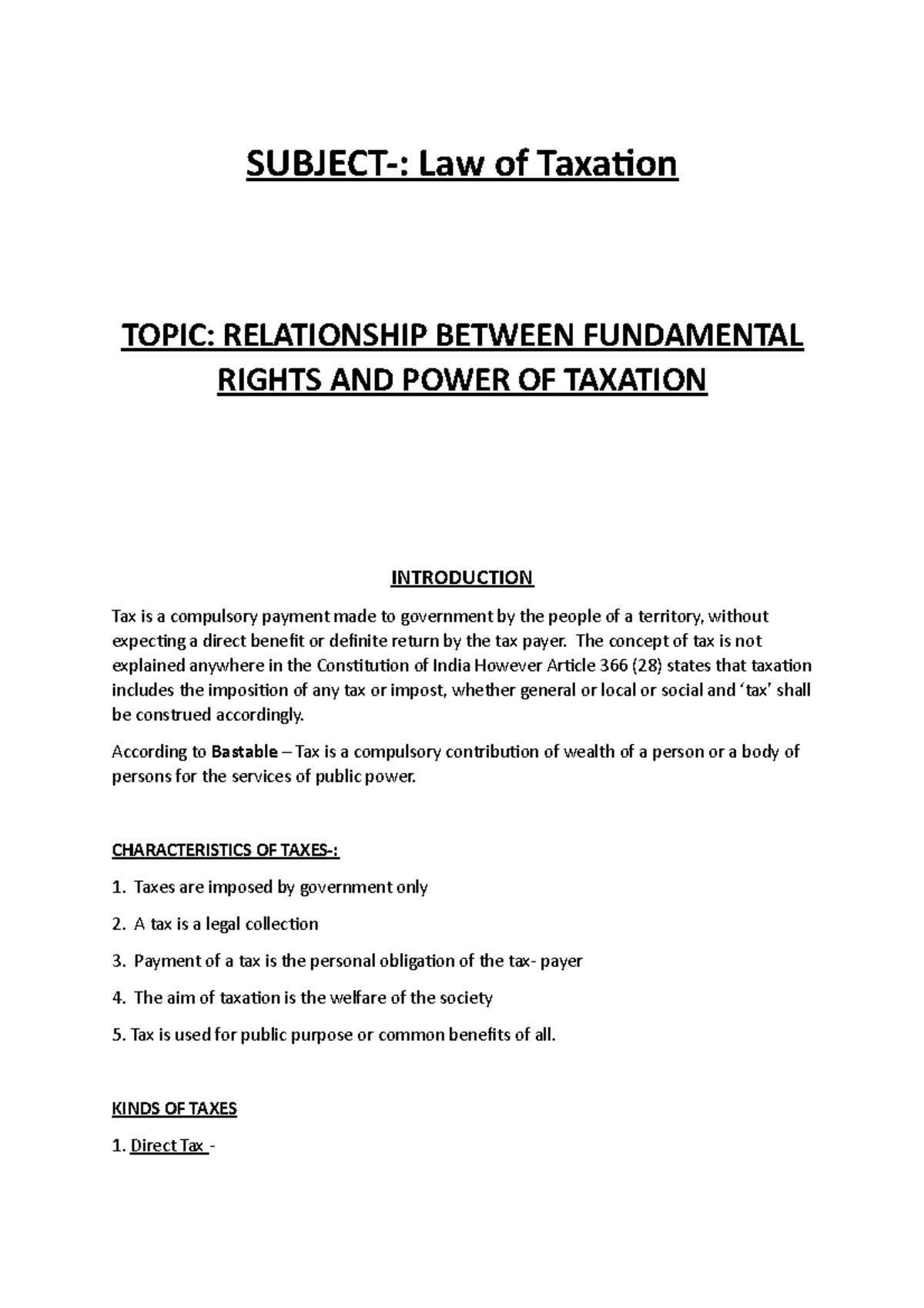 Relationship between fundamental rights and power of taxation - SUBJECT ...
