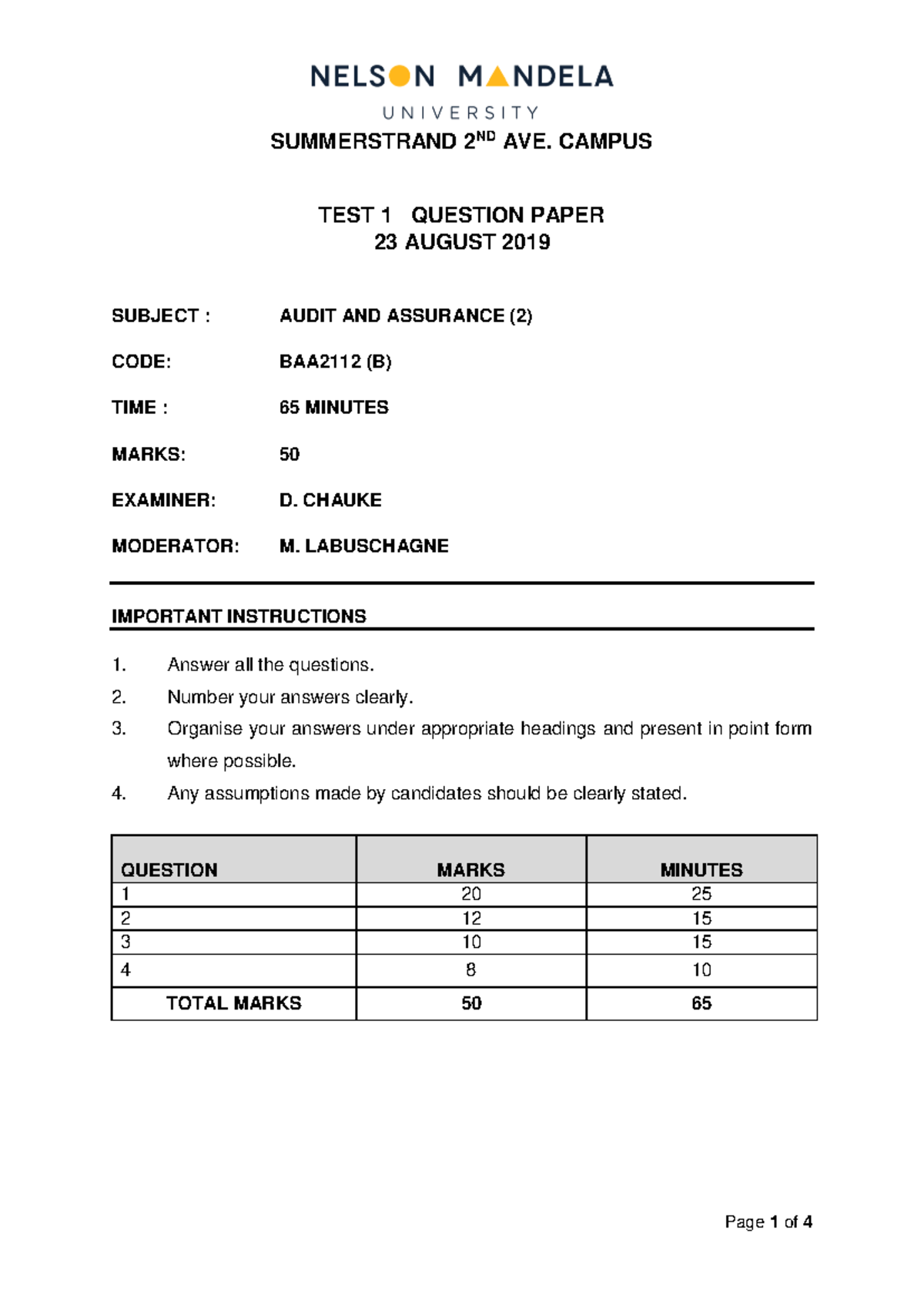 BAA2112 TEST 1 - auditing test for final years - SUMMERSTRAND 2ND AVE ...