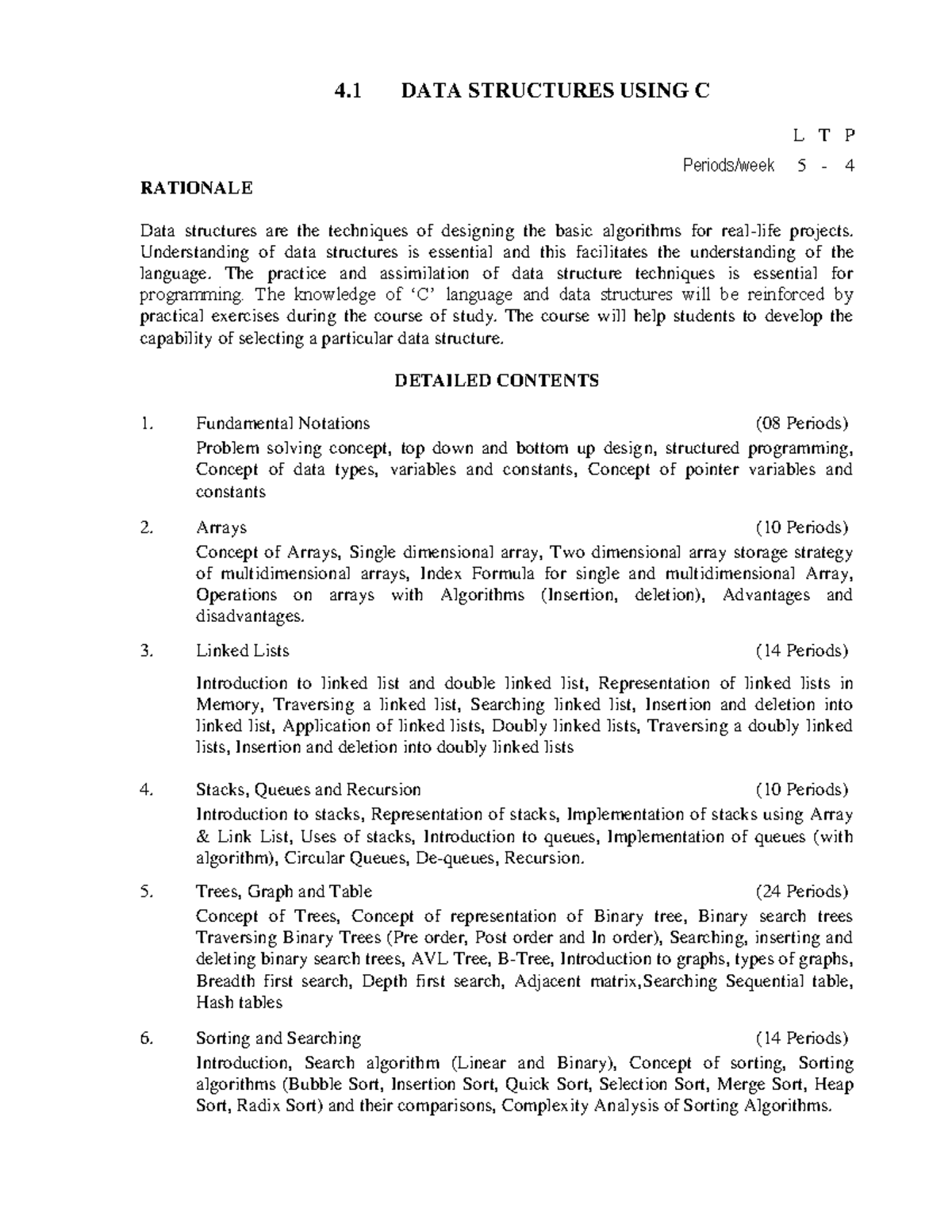 Data Structure Using C - 4 DATA STRUCTURES USING C L T P Periods/week 5 ...