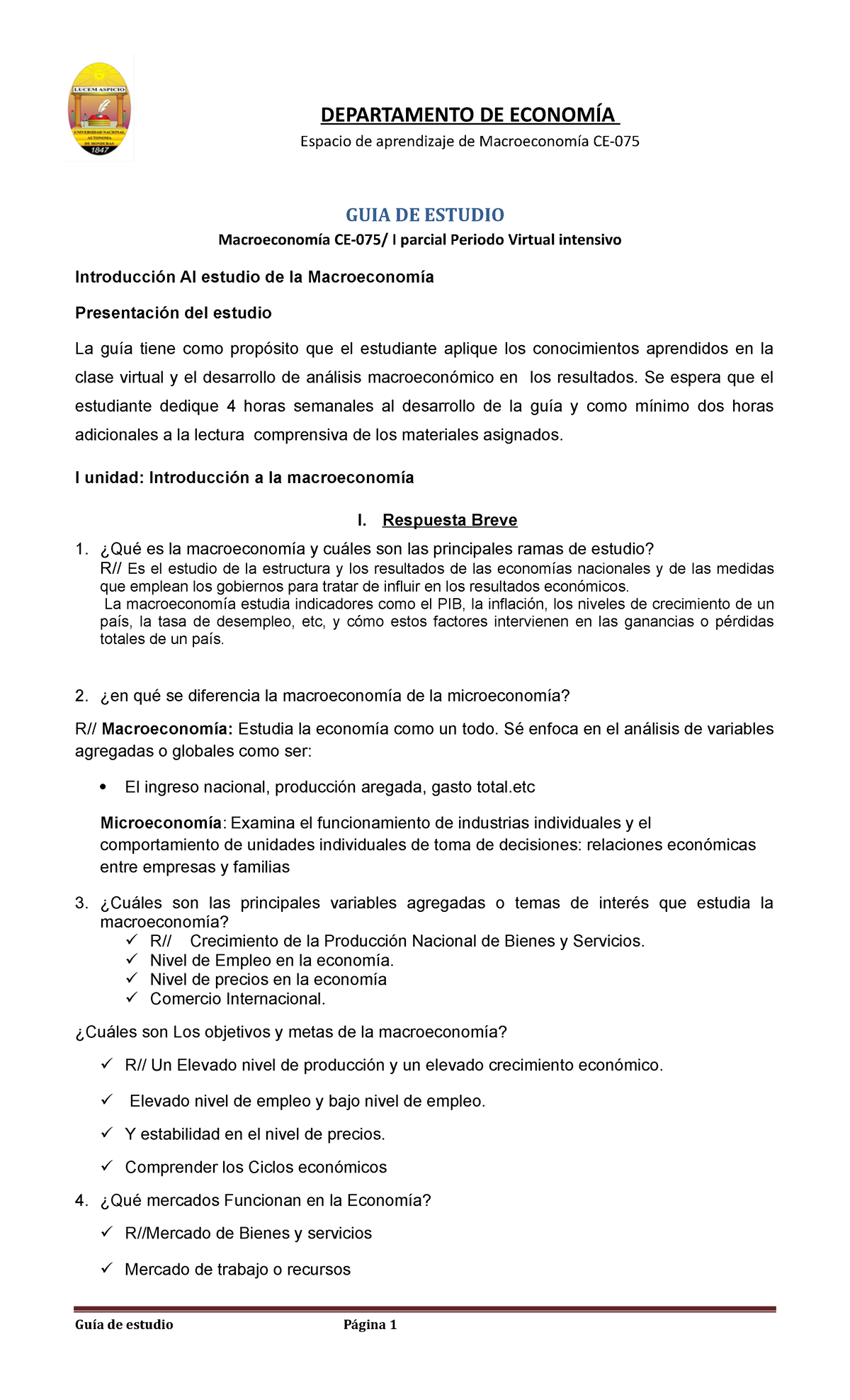 Guia De Estudio De Macro 1 Parcial - DEPARTAMENTO DE ECONOMÍA Espacio ...