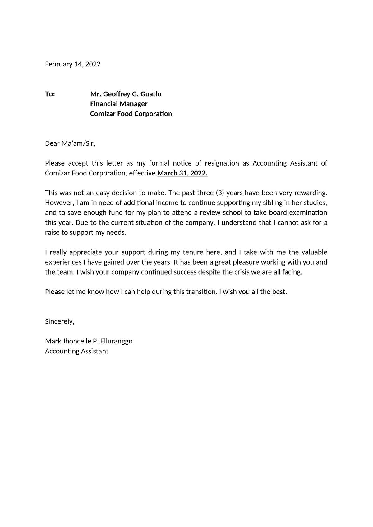 Resignation Letter - DFFDD - February 14, 2022 To: Mr. Geoffrey G ...